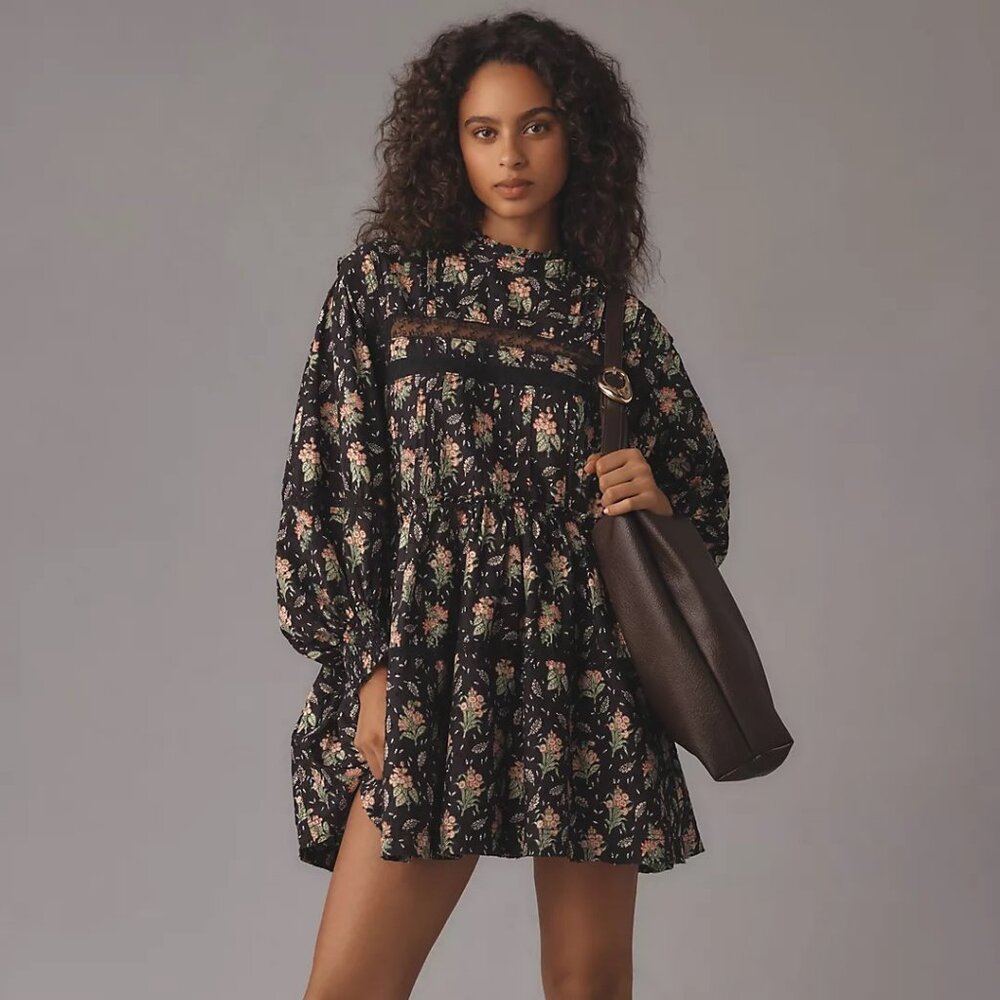 Anthropologie Black Floral Mini Dress